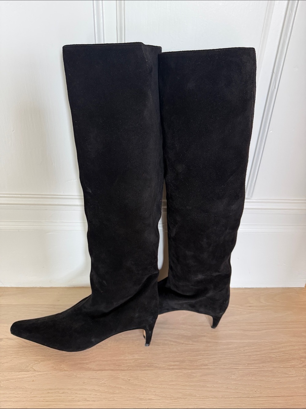 STAUD Wally Black Suede Knee-High Pointed-Toe Heeled Boots - Picture 4 of 4
